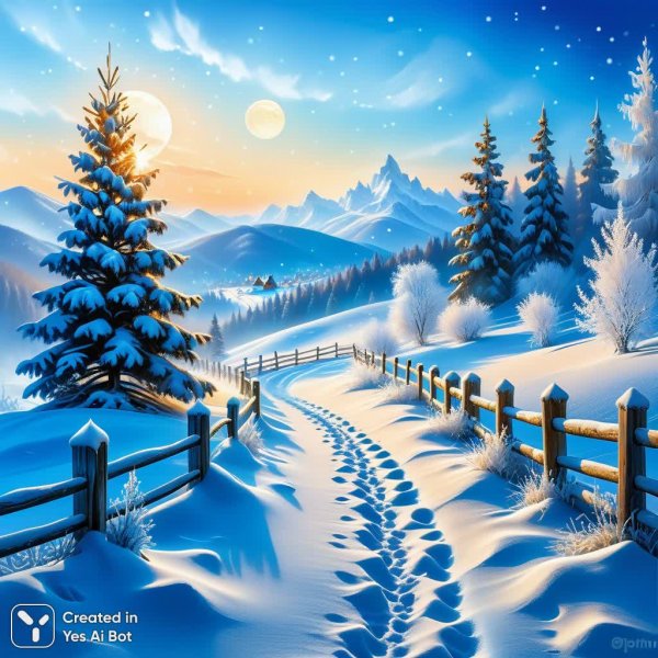 Зимний пейзаж в стиле русских классиков: снег, горы и мерцание луны. Картинка из нейросети Stable Diffusion