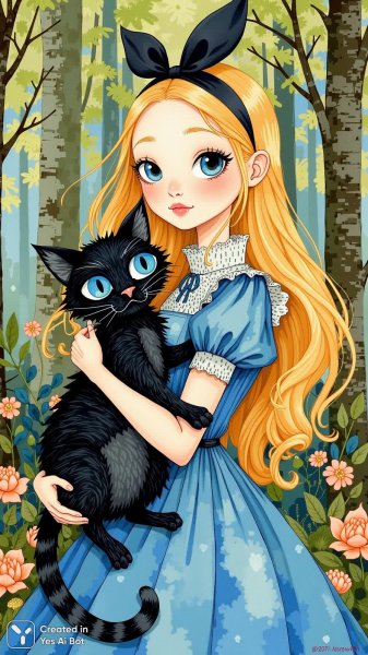 Алиса в Стране чудес: волшебная встреча с Чеширским котом и сказочный лес. Генерация из нейросети Flux 1