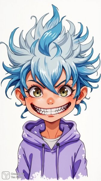 Мультяшный персонаж с широкой улыбкой и острыми зубами. Изображение из нейронной сети Flux Ai