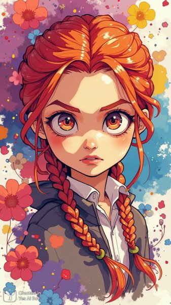 Яркий персонаж с рыжими косичками и озорным взглядом на красочном фоне. Генерация из нейронной сети Flux 1