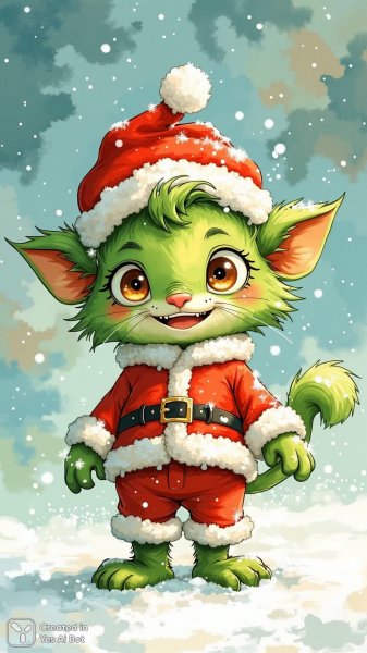 Веселый зеленый зверек в костюме Санты и зимнем волшебстве. Изображение из нейросети Flux.1