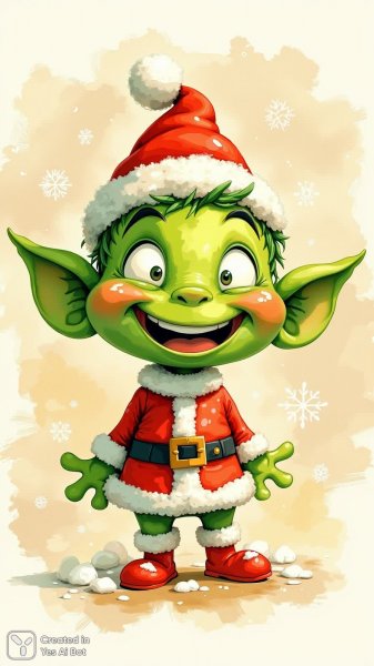 Веселый эльф в костюме Санты дарит праздничное настроение. Картинка из нейросети Flux Ai