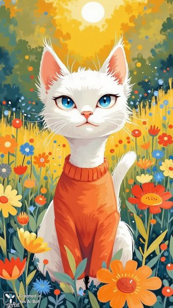 Милый кот в солнечном саду: наивное искусство от Генри Матисса. Картинка из нейронной сети Flux.1
