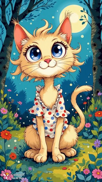 Милый котенок в сказочном лесу под лунным светом. Генерация из нейросети Flux 1