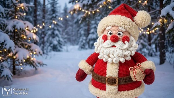 Санта Крош из ниток: очаровательный новогодний персонаж в заснеженном пейзаже с подарком. Нейронная сеть Нано Банана
