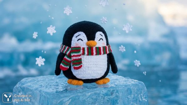 Милый вязаный пингвин в праздничном шарфе на льдине среди снежинок. Изображение из нейросети Nano-Banana