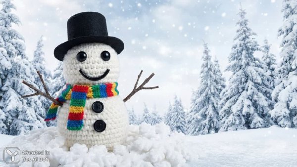 Снежный человечек из пряжи в зимнем волшебстве. Нейронная сеть Nano-Banana