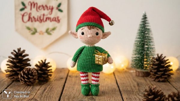 Вязаный эльф с острой ушами и зеленым нарядом, новогоднее настроение. Генерация из нейронной сети Нано Банана