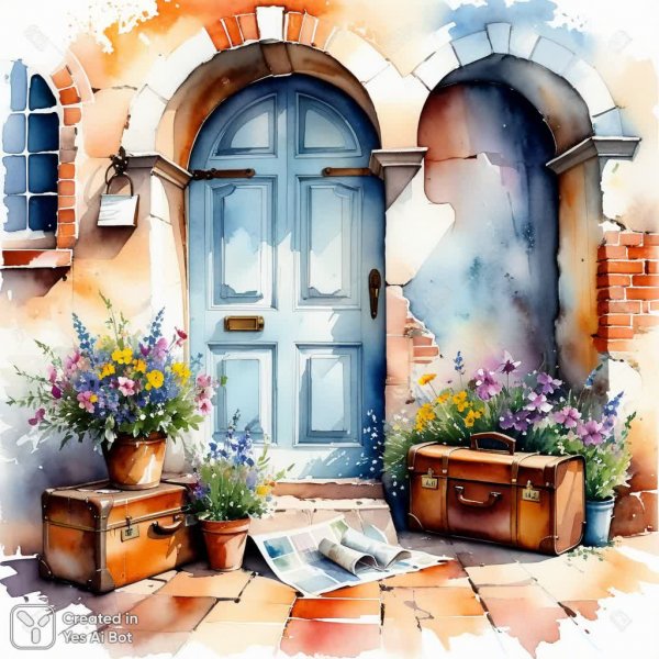 Вечерний натюрморт: старинная дверь и букет диких цветов в полумраке. Изображение из нейросети Stable Diffusion