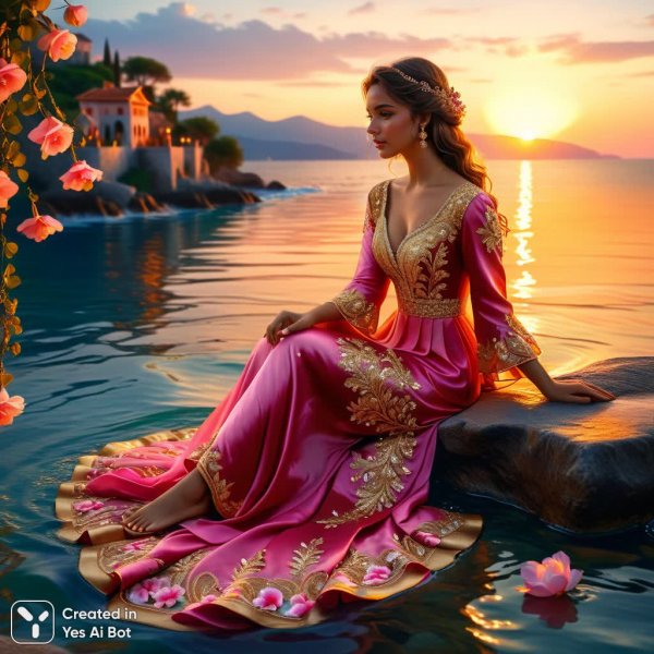 Девушка у моря в золотом платье на фоне розового заката. Нейронная сеть Stable Diffusion