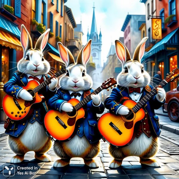 Пьяные кролики в стиле стимпанк: городской концерт. Генерация из нейросети Stable Diffusion