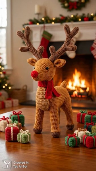 Вязаный олень с рогами в уютном домашнем интерьере у камина. Генерация из нейросети NanoBanana