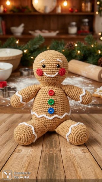 Связанный крючком имбирный человечек - очаровательная новогодняя игрушка из бежевой пряжи. Картинка из нейронной сети Nano Banana
