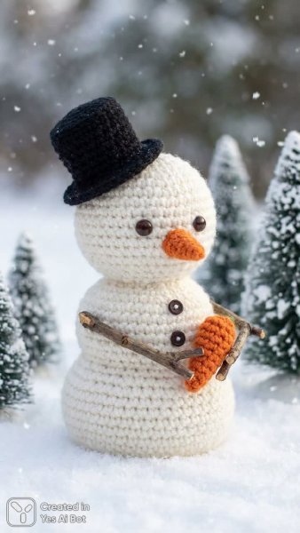 Снежный человечек ручной работы: вязаное очарование зимы и волшебства. Картинка из нейронной сети Nano Banana