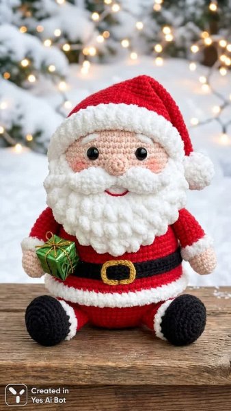 Связанный Санта Клаус: уютная игрушка в зимней сказке с подарком. Изображение из нейросети Nano Banana