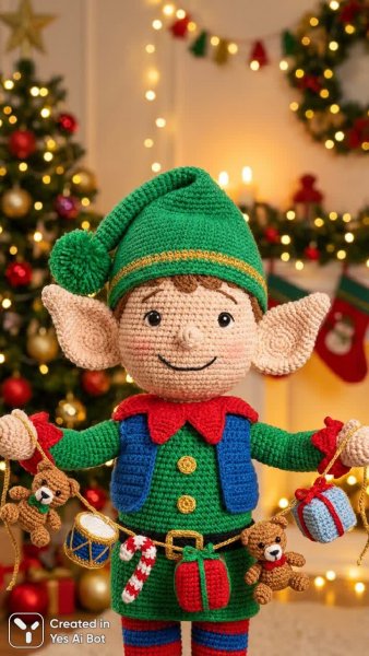 Очаровательный эльф с зелёным колпаком и чулками, связанный крючком. Генерация из нейросети Nano Banana