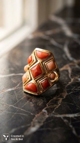 Изысканное золотое кольцо с кораллом в макросъемке. Картинка из нейросети Nano Banana