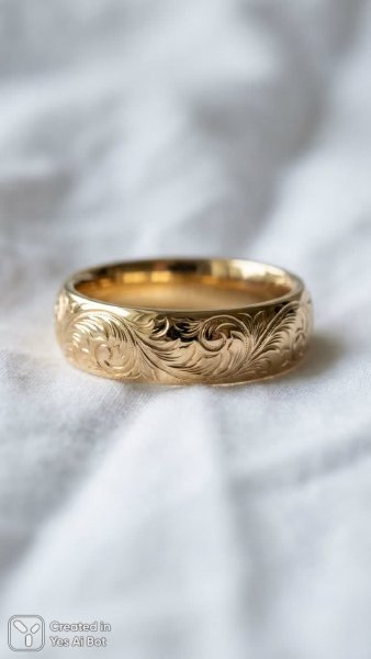 Изысканное золотое кольцо с лазерной гравировкой и зеркальным блеском. Картинка из нейросети Nano Banana