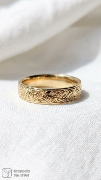 Изящное золотое кольцо с лазерной гравировкой и цветочным узором. Изображение из нейронной сети Nano Banana