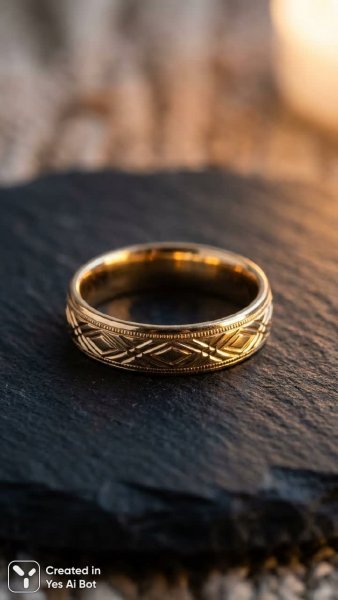 Золотое кольцо с лазерной гравировкой геометрических узоров: изысканный дизайн и игра света. Изображение из нейронной сети Nano Banana