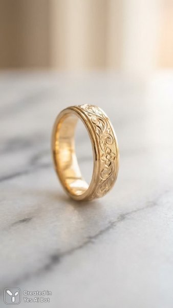 Золотое кольцо с лазерной гравировкой: изысканная роскошь и мастерство исполнения. Изображение из нейросети NanoBanana