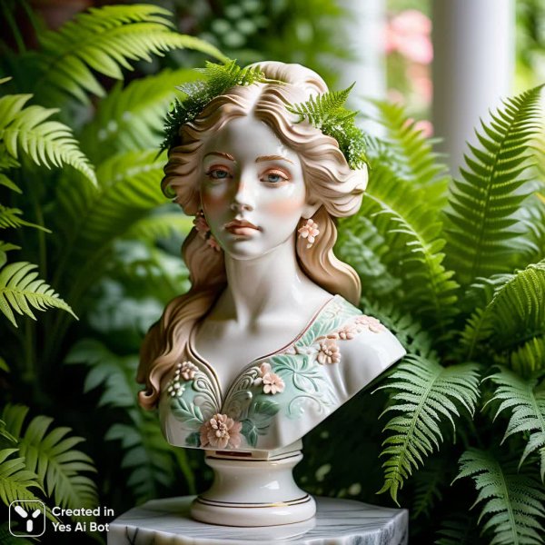 Нежная красота фарфоровой статуи в саду. Нейронная сеть Stable Diffusion