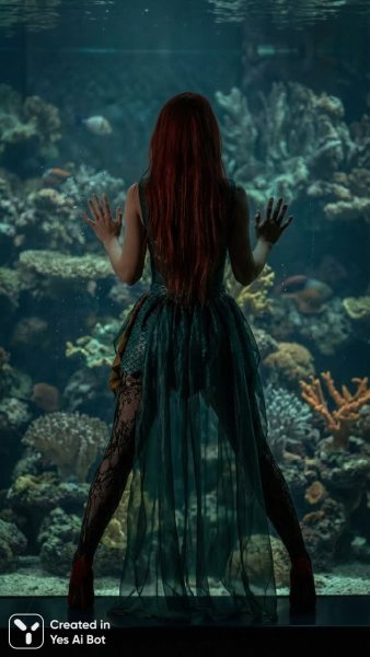 Неожиданный контакт: женщина и подводный мир аквариума. Изображение из нейронной сети Nano-Banana