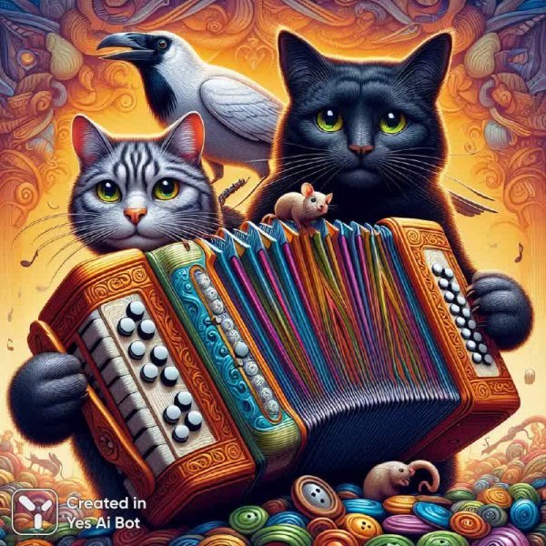 Кот с баяном и вороной: удивительное зрелище. Генерация из нейронной сети Dalle 3