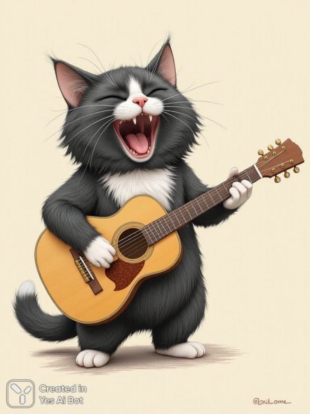Весёлый кот-музыкант: гитарные зарисовки и радость. Нейросеть Flux.1