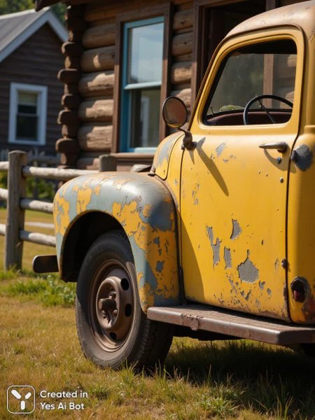 Старый пикап на фоне деревянного дома: ностальгия и деревенский уют. Изображение из нейронной сети Flux Ai