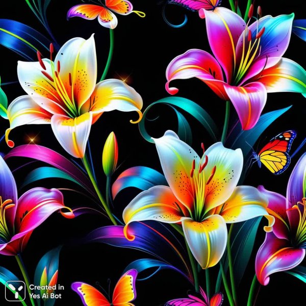 Неоновый фьюжн: лилии, бабочки и абстрактный дизайн будущего. Картинка из нейронной сети Stable Diffusion