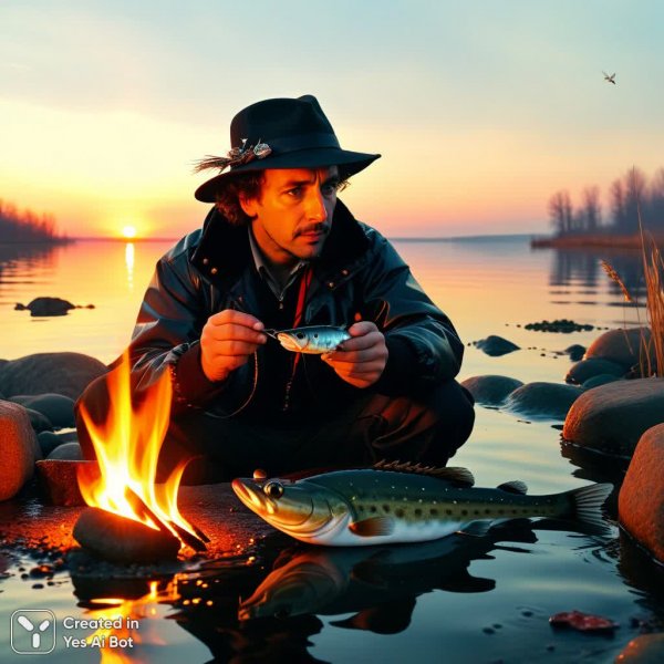 Рыбак на озере и говорящий бурбот: закат, юмор и уютная беседа у костра. Нейросеть Stable Diffusion