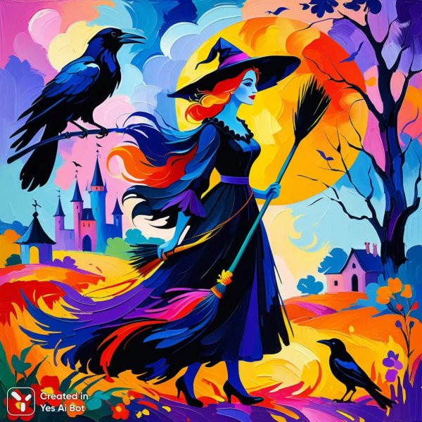Ведьма и ворон: яркое волшебство в стиле Матисса. Картинка из нейросети Stable Diffusion
