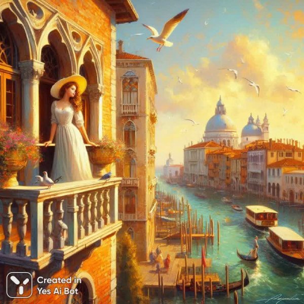 Венецианский балкон: чайка, девушка и море далеких веков. Картинка из нейронной сети Dalle