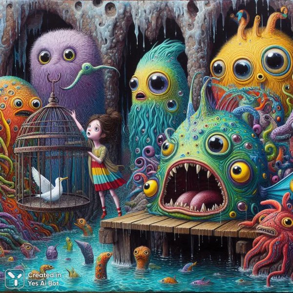 Тайна сырой пещеры и плененная чайка: встреча лицом к лицу с морским кошмаром. Изображение из нейросети Dalle-3