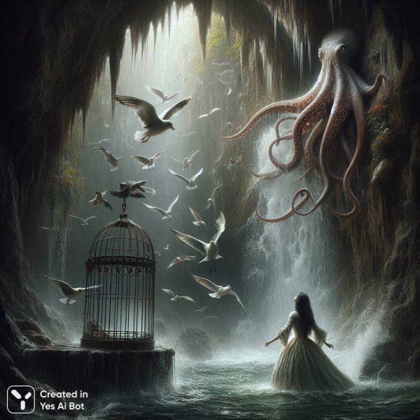 Пойманная чайка и щупальце осьминога в сырой пещере. Изображение из нейросети Далли 3