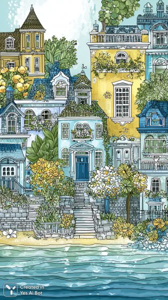 Очаровательный городок у океана: яркая иллюстрация в стилезен-тангл. Генерация из нейросети Midjourney