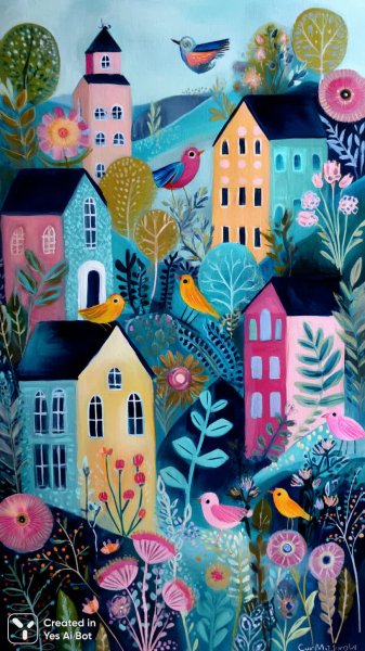 Милые домики на холме: очарование народного искусства и пастельных тонов. Нейросеть Миджорни