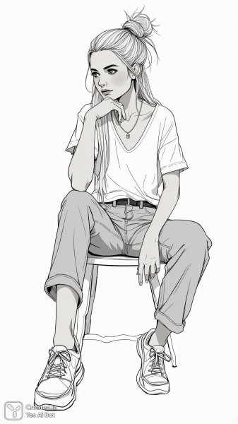 Задумчивость в черно-белом эскизе: женский портрет и момент размышлений. Генерация из нейросети Flux 1