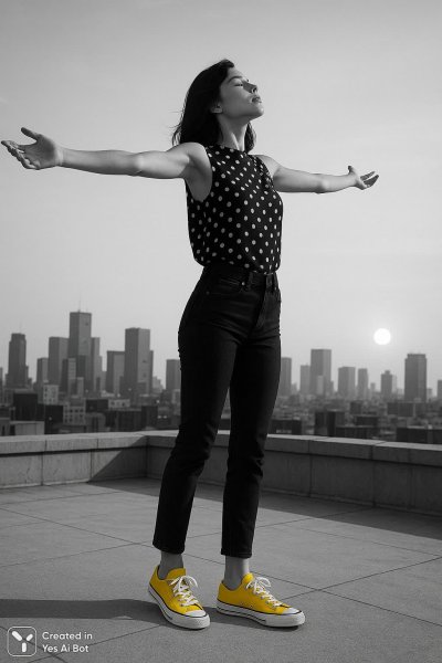 Солнечный силуэт на крыше: минимализм и желтый акцент. Картинка из нейросети Sora