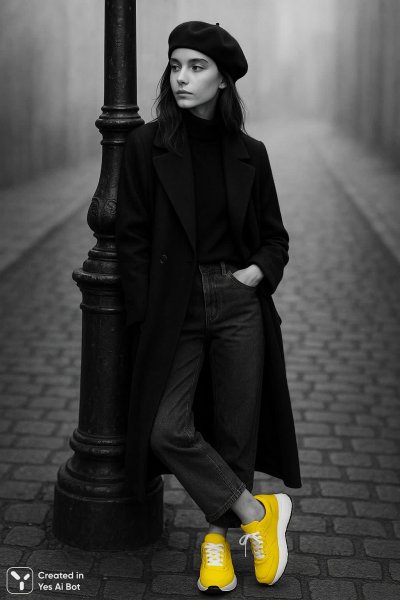 Монохромная элегантность и яркий акцент: городская медитация в черно-белом цвете. Изображение из нейросети Sora Image