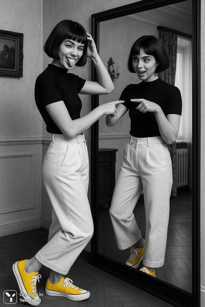 Молодая женщина у зеркала: минимализм и яркий акцент в стиле ретро. Картинка из нейронной сети Sora images Ai