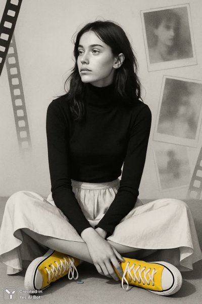 Молчаливое размышление в черно-белом мире с ярким акцентом. Генерация из нейросети Sora Ai Images