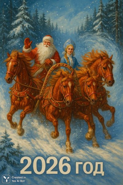 Новогоднее путешествие Деда Мороза и Снегурочки в стиле советской открытки. Картинка из нейросети Sora images Ai