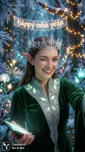 Эльфийское новогоднее селфи в волшебном лесу. Картинка из нейросети Nano-Banana