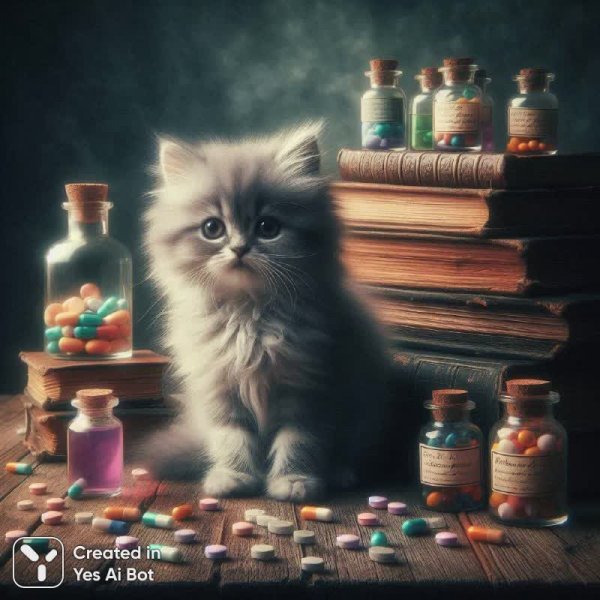 Одиночество котенка среди лекарств и книг. Нейронная сеть Dalle 3