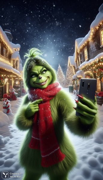 Гринч-девушка встречает Новый год в снежной деревне. Нейросеть Далли 3