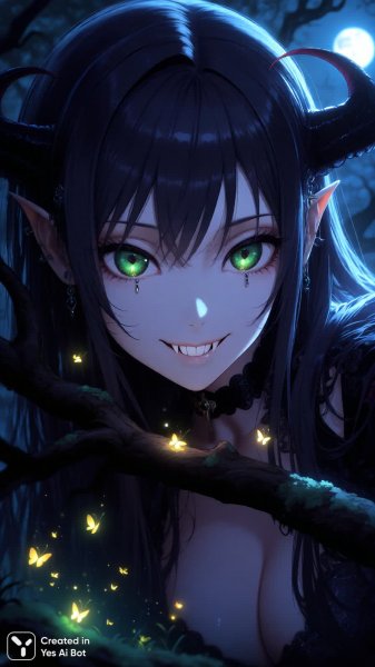 Зачарованная вампирша в волшебном лесу с изумрудными глазами и лукавой улыбкой. Изображение из нейросети Qwen