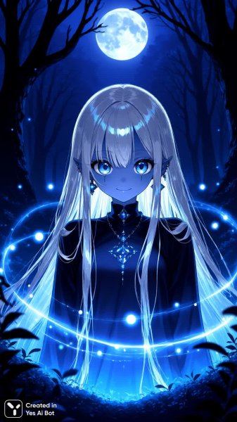 Лунный демон в серебряных волосах и синей коже. Генерация из нейросети Qwen