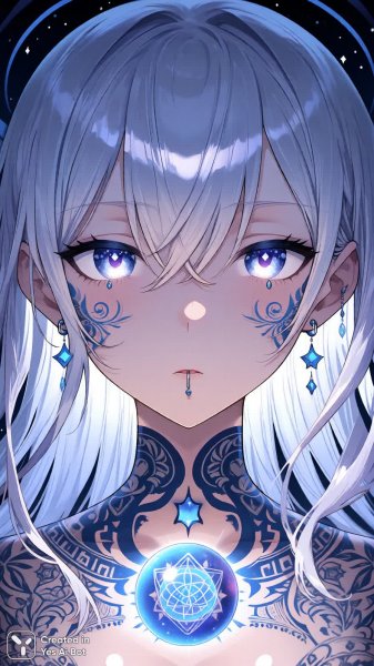 Сияющий дух с небесным шаром и таинственными татуировками. Генерация из нейронной сети Qwen Images